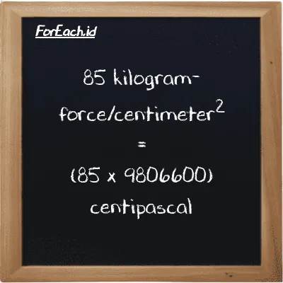 How to convert kilogram-force/centimeter<sup>2</sup> to centipascal: 85 kilogram-force/centimeter<sup>2</sup> (kgf/cm<sup>2</sup>) is equivalent to 85 times 9806600 centipascal (cPa)